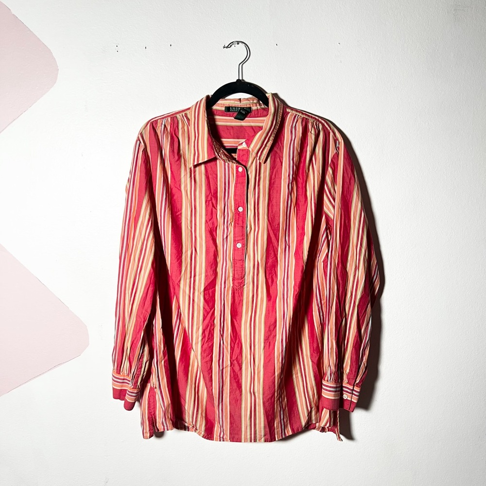Lauren Ralph Lauren Button Shirt Women's 2X Orange Striped 100% Cotton